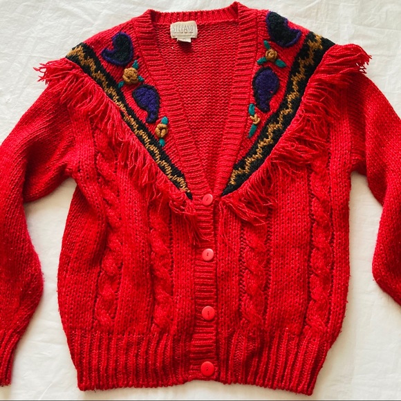 Stefano World Wide Large Red Fringe Cardigan - Picture 3 of 5